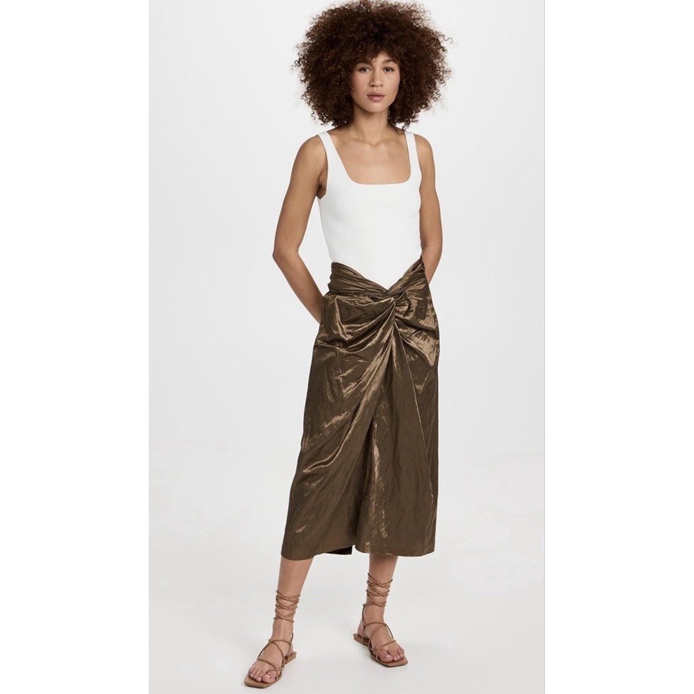 Vince Skirt Womens 6 Brown Solid Satin Wrap Midi Knot‎ Front Party Cocktail